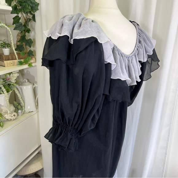 Vintage 80s Black and Silver Ruffle Cotton Gauze Mini Dress - Picture 10 of 16